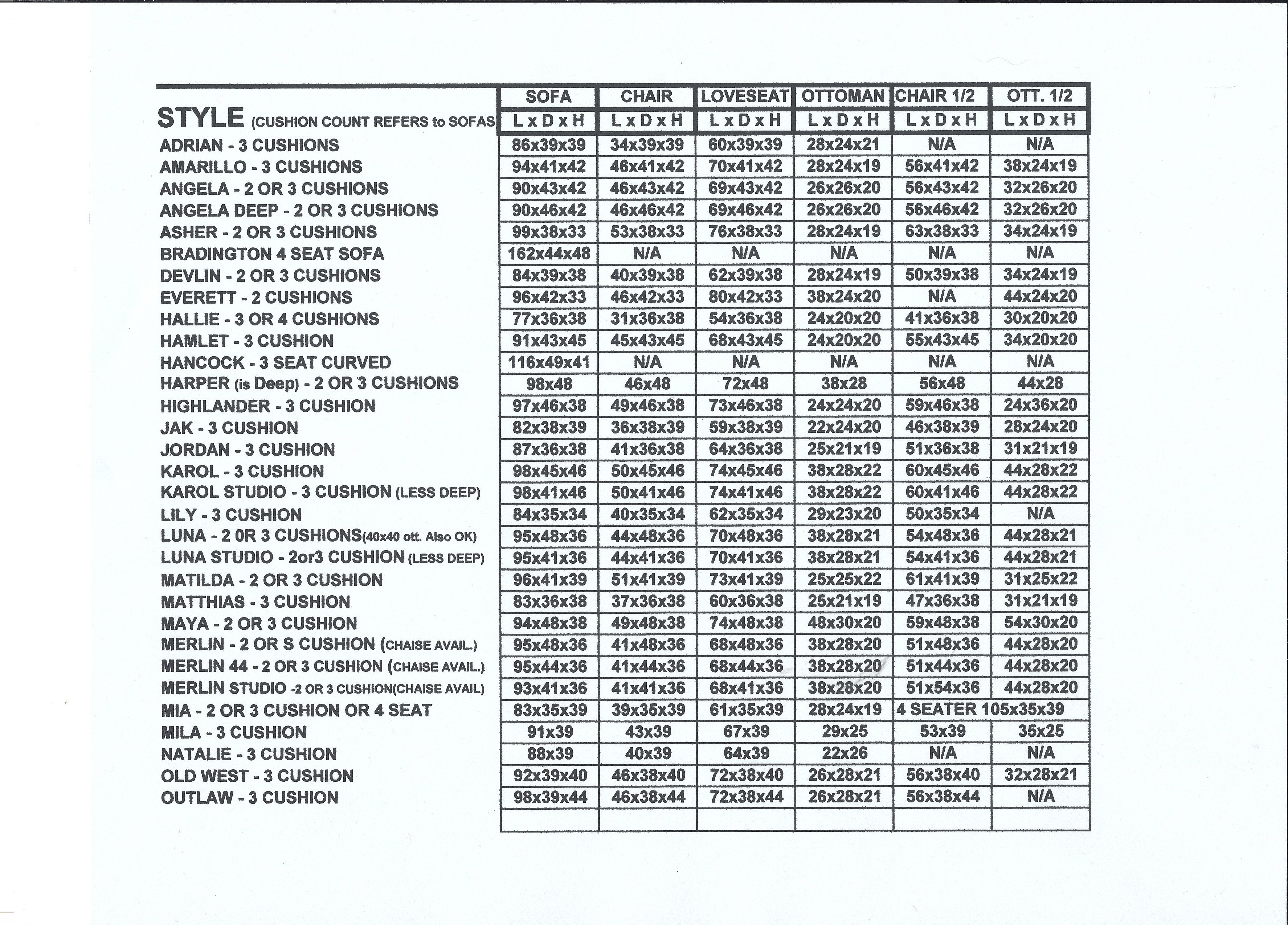 dimensions of most common cowhide and leather furniture pieces pg1