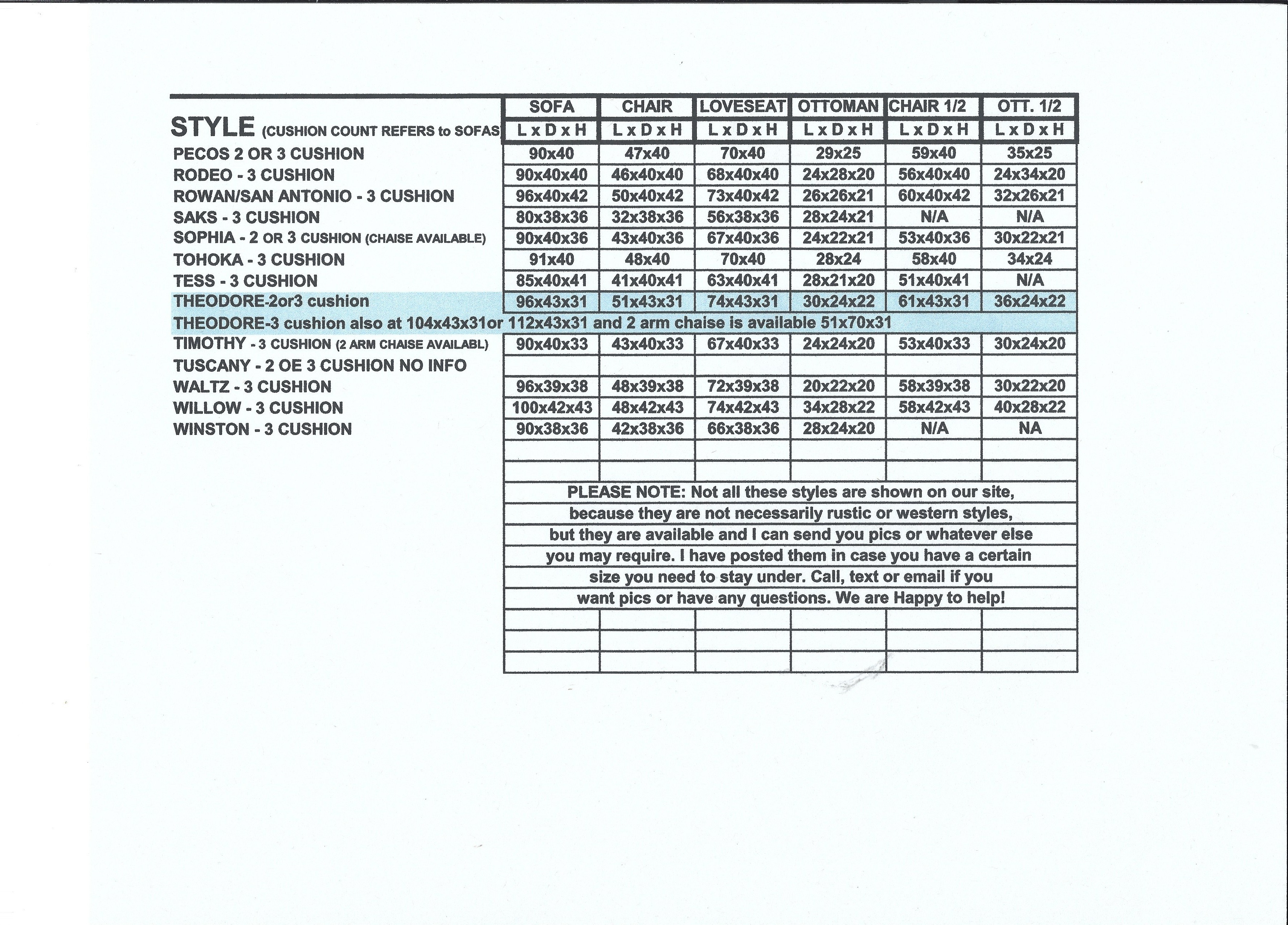 dimensions of most common cowhide and leather furniture pieces pg2